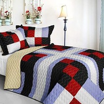 [Floral City] 3PC Vermicelli-Quilted Patchwork Quilt Set (Full/Queen Size) - £72.46 GBP