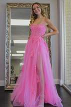 Pink Lace Long Prom Dresses,A-Line Backless Formal Evening Dress - £143.11 GBP