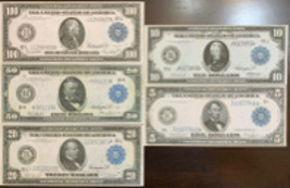 Reproduction 1914 Federal Reserve Note Blue Seal Set $5 -$100 Read Descr... - £11.16 GBP