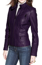 Women&#39;s Jacket Handmade Stylish Purple Real Lambskin Leather Motorcycle Biker - $126.23