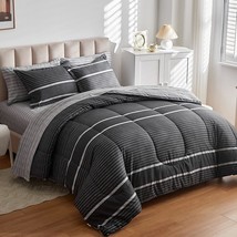 Ombre Boho Striped Bed In A Bag 7 Pieces Queen Size, White Striped On Black Dark - $86.99