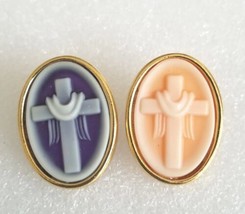 Lot 2 VTG Oval Cross Cameo Style Swanson Christian Religious Lapel Pin Blue Pink - £16.45 GBP