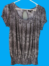 Black White Reptile Snake Print Pleated Blouse Top Jr XL Shirred Band St... - £7.09 GBP