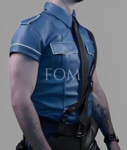 Men's Lambskin Leather Police Shirt Bluf Gay Blue Color White Piping Lederhemd - $100.16