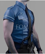 Men&#39;s Lambskin Leather Police Shirt Bluf Gay Blue Color White Piping Led... - $165.64 CAD