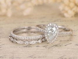 Pear Diamond Womens Engagement Matching Bridal Band Ring Set 14K White Gold Over - £90.06 GBP