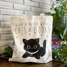 Life Is Better With Cats And Books Canvas Tote Bag Shopping Shoulder Bag 15in - £12.45 GBP
