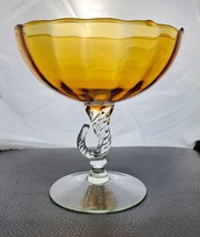 Italian Empoli Glass Vintage 1960s Amber Compote Curled Stem 7.5&quot; Hand Blown - £27.02 GBP