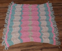 Crocheted Blanket Handmade Chevron Fringed Pink Blue White 57x56 Baby Lap - $27.82