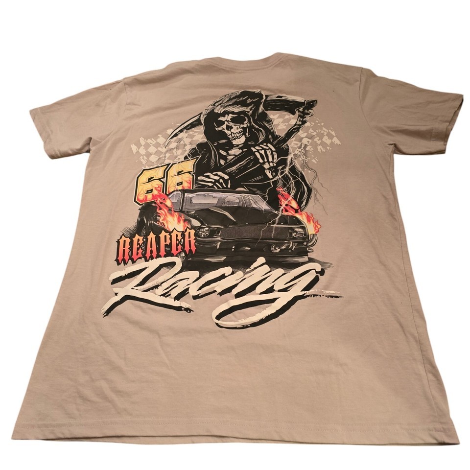 Grim Reaper Racing T-Shirt Men’s L Beige Skull Biker RGSTR Tee Cool Graphic Top Item image 7