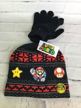 Super Mario Logo Youth Kids Boys Knit Beanie Hat &amp; Gloves Set OSFM - £16.25 GBP