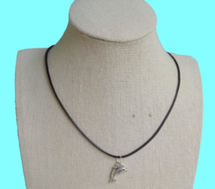 New Black Cord Necklace Silver Tone Dolphin Pendant Marine Ocean Beachy 19.5&quot; - £11.93 GBP