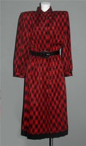 VTG Schrader Red Blk Shimmery Diamonds Dots Pleated Upper Button Dress W... - $25.99