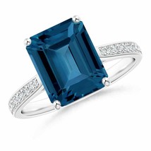 ANGARA Emerald-Cut London Blue Topaz Cocktail Ring with Diamonds - £892.65 GBP