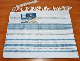 Talitnia Acrylic Tallit Shawl Light Blue &amp; Silver Model 60 Size 192cm x 140cm - $62.80