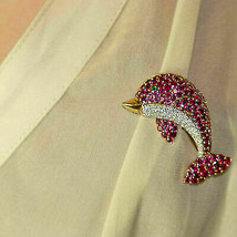 3.20Ct Round Cut Ruby Emerald Diamond Dolphin Pin Brooch 14k Yellow Gold Over - £117.44 GBP