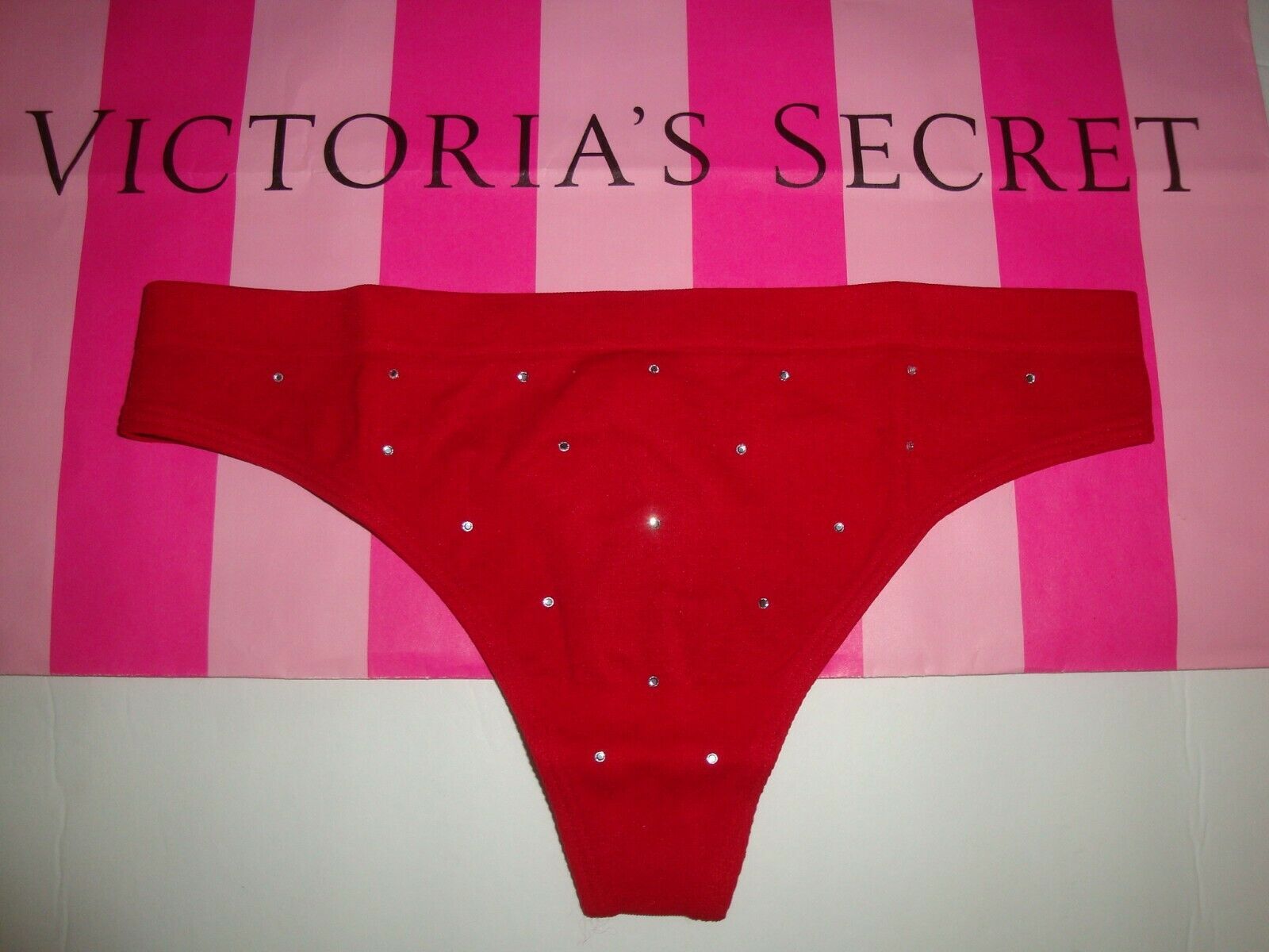 Victoria Secret Panty Thong Lace Light Pink Ruffle Logo Trim New