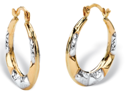DIAMOND CUT HOOP EARRINGS TWO TONE 10K YELLOW AND WHITE GOLD 3/4&quot; - £157.31 GBP