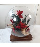 Vintage Floral glass globe terrarium wood base red poinsettia flower cen... - $38.27 CAD