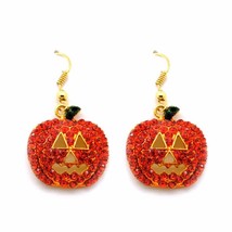 Jack O Lantern Earrings Sparkling Orange Rhinestone Pumpkin Halloween Jewelry - £6.25 GBP