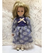 Porcelain Doll Purple Dress with Flowery Lace Blonde Hair Blue Eyes - £3.22 GBP