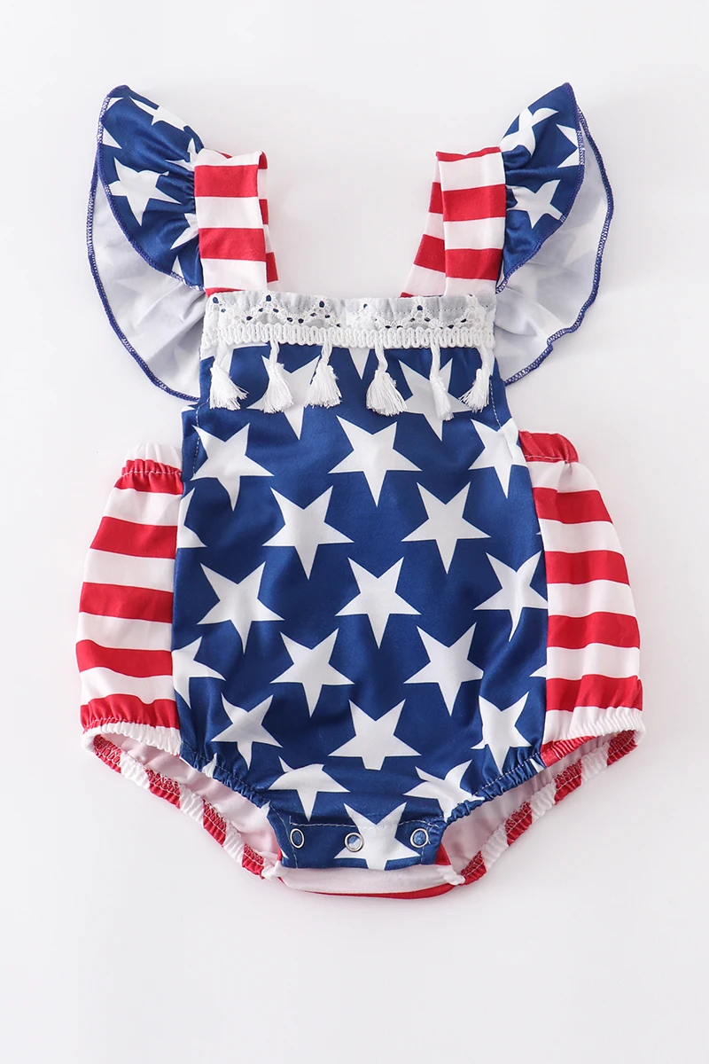 Girlymax Independence Day July 4th Summer Baby Girls s Stripe  Print Ruffles Rom - £49.42 GBP