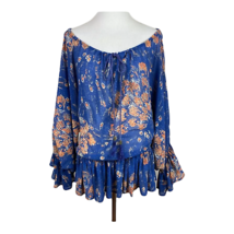 Moda International Top Women M Blue Floral Ruffle Sheer Bell Sleeve Boho Peasant - £23.68 GBP