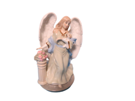 Porcelain Angel Figurine Music Box Holding Puppy Plays Joy To The World 9&quot;T - £15.57 GBP