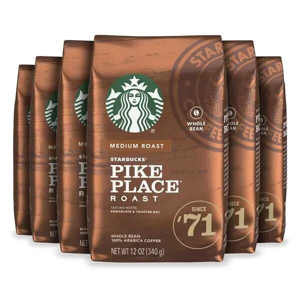 LOT OF 6 STARBUCKS® Pike Place® Roast – Whole Bean Coffee 12oz each - $38.49