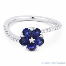 1.07 ct Pear-Shape Sapphire &amp; Diamond Pave 18k White Gold Right-Hand Flower Ring - £1,203.32 GBP