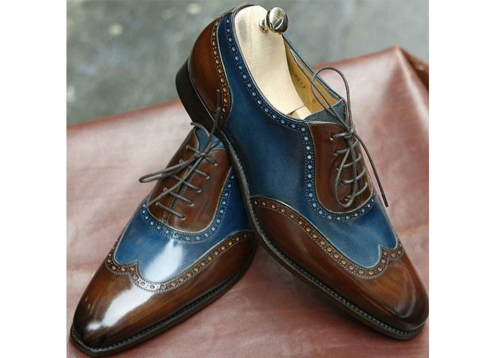 New Handmade Men's Formal Shoes, Men's Brown Blue Leather WinTip LaceUp Formal S