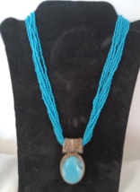 Vintage 8 Strands Necklace Oval Pendant Unbranded Turquoise Color Seed Beads - £14.15 GBP