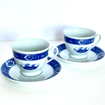 Han Dan Blue White Porcelain Tea Cup and Saucer Set of 2 Vintage - £19.57 GBP