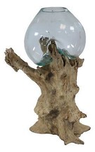 Large 28&quot;H Bali Handicraft Driftwood With Molten Glass Bowl Vase Aquarium Decor - £208.49 GBP