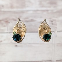 Vintage Clip On Earrings Statement Gold Tone Leaf with Green Gems - $19.99