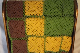 Vintage Homemade Afghan Blanket Brown Green Yellow 70&quot; x 76&quot; American Hand Made - £62.14 GBP