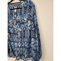 Ruby Rd Blouse 2x Womens Plus Size Blue White Geometric Print Long Sleeve Pocket - £18.33 GBP