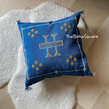 Handmade &amp; Hand-Stitched Moroccan Sabra Cactus Pillow, Moroccan Cushion, Blue - £52.11 GBP