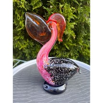 Murano-Style Hand-Blown Glass Pelican Figurine Red Pink Black with Fish in Mouth - $39.19