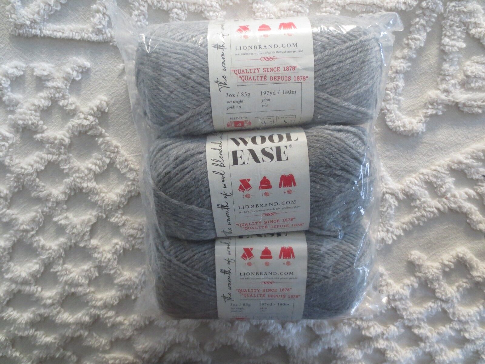 3 - 3 oz. Lion Brand WOOL EASE 80% Acrylic 20% Wool 4 Med #151 GREY HEATHER YARN
