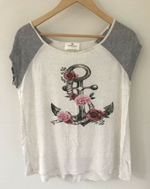 Threads Studio Vtg Style Linen Blend Anchor Floral Roses Nautical T Shirt M 40&quot; - £15.71 GBP