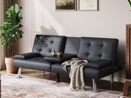 Linsy Convertible Futon Couch For Living Room, Black, Faux Leather Sleep... - $194.93