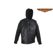 Motorcycle Jacket Black Leather Removable Sleeves Hoodie Biker Leather MCJ - $171.00+