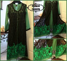 Pakistani Black &amp; Green Silk &amp; Net Gown Style Suit, with Net &amp; Thread Embroidery - £86.33 GBP