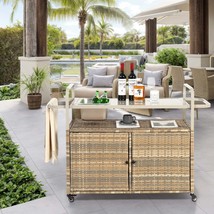 Outdoor Wicker Bar Cart: Ice Bucket, Cabinet, Steel Top, Wheels, Beige - $4,827.56 MXN