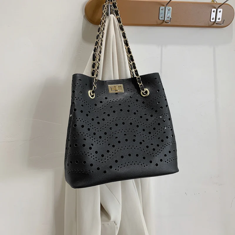 Big Hollow Bucket Bags for Women High Quality Pu Leather Tote Bag Chian Crossbod - £37.39 GBP