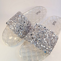 H2K CANDY Silver Color Glitter Beads Fashion Slides Flip Flops Sandals B... - $29.00