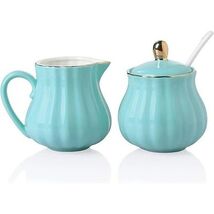 SWEEJAR Porcelain Royal Blue Sugar Creamer Set 3-Pc Lid Spoon Kitchen Gi... - $712.01 MXN