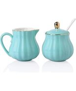 SWEEJAR Porcelain Royal Blue Sugar Creamer Set 3-Pc Lid Spoon Kitchen Gi... - €33,21 EUR