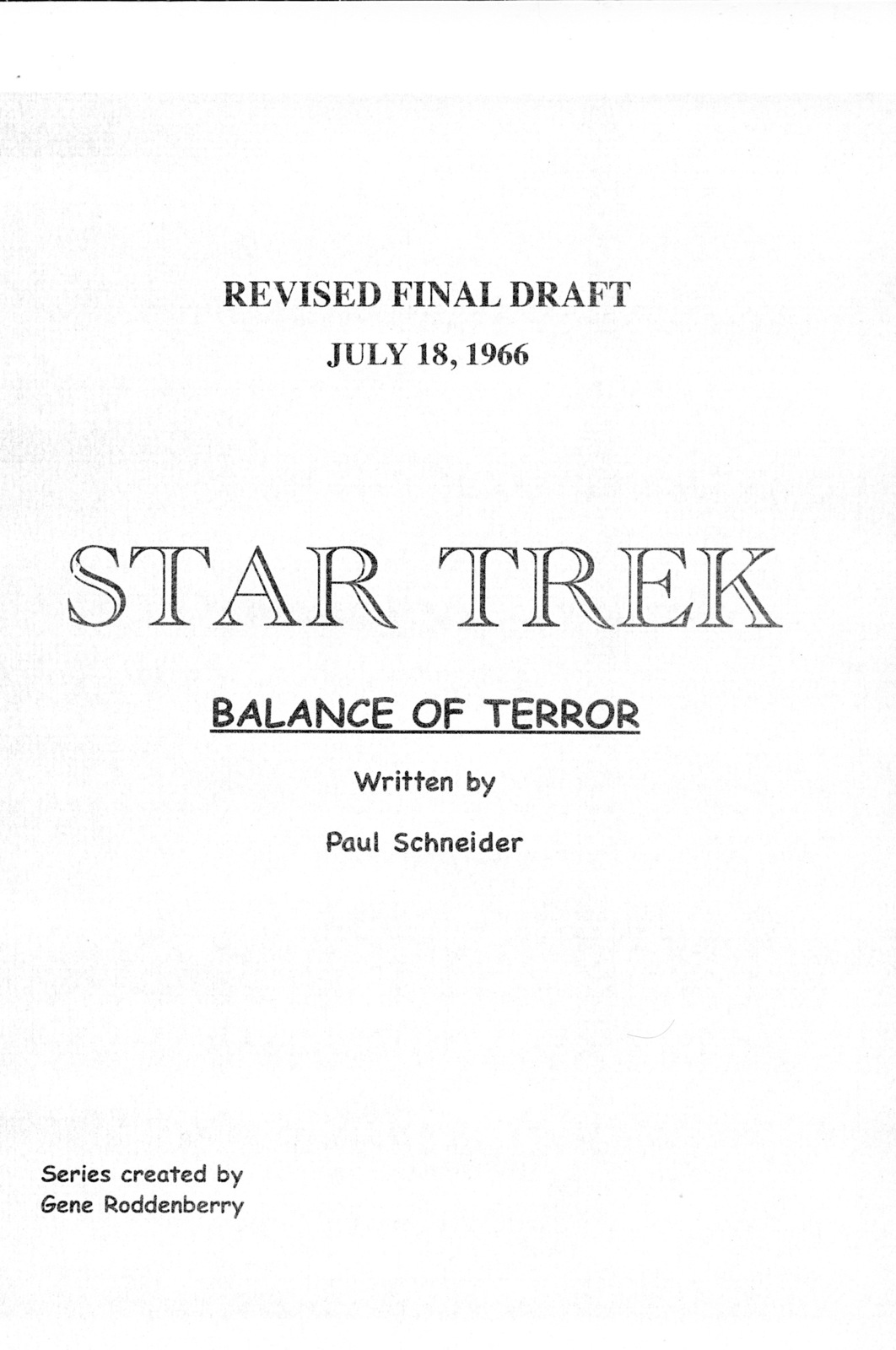 STAR TREK: BALANCE OF TERROR by Paul Schneider 1966 repro TV series script - $21.99